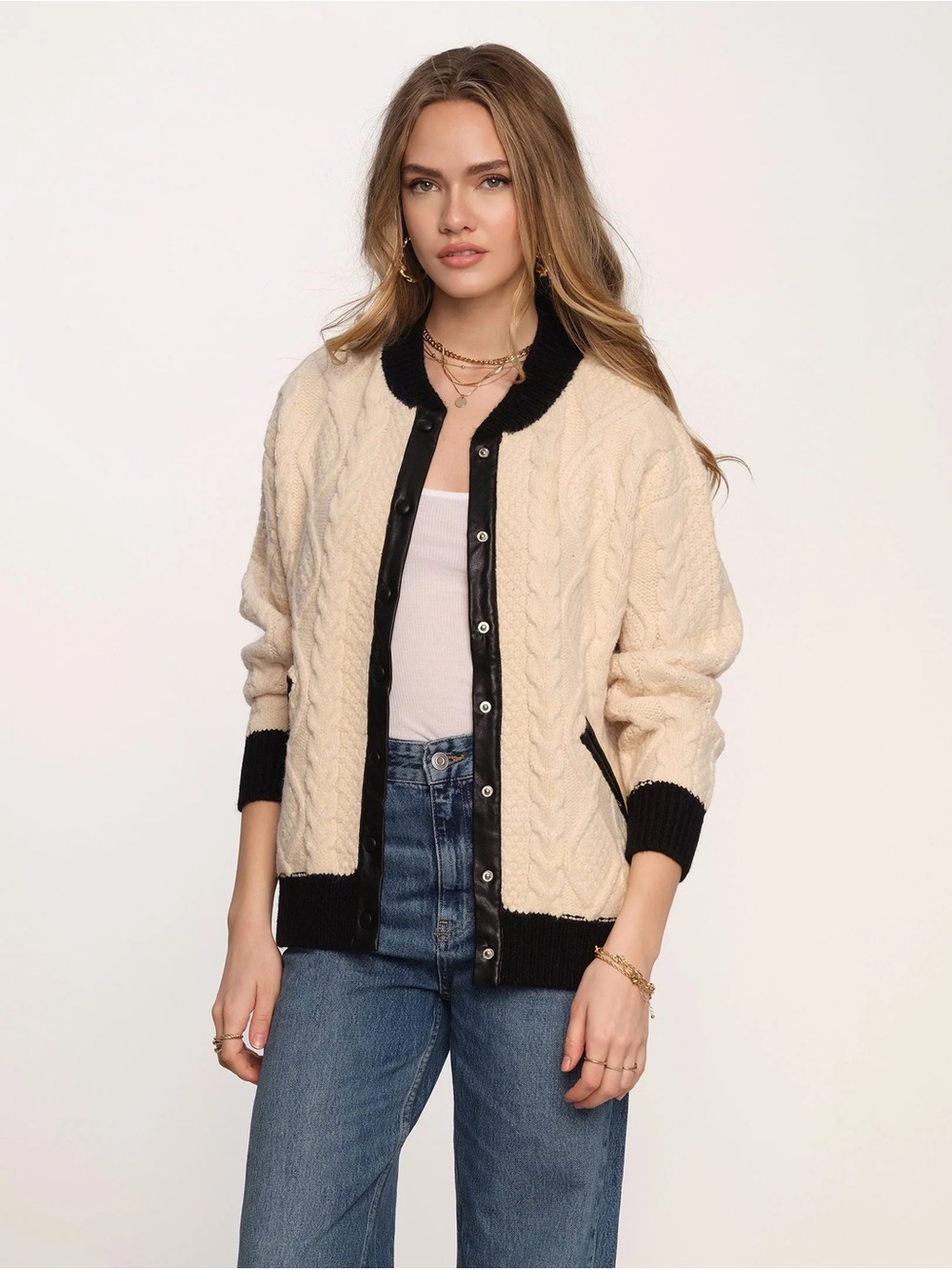 Heartloom Cream Cable Knit Bomber Jacket with Black Trim